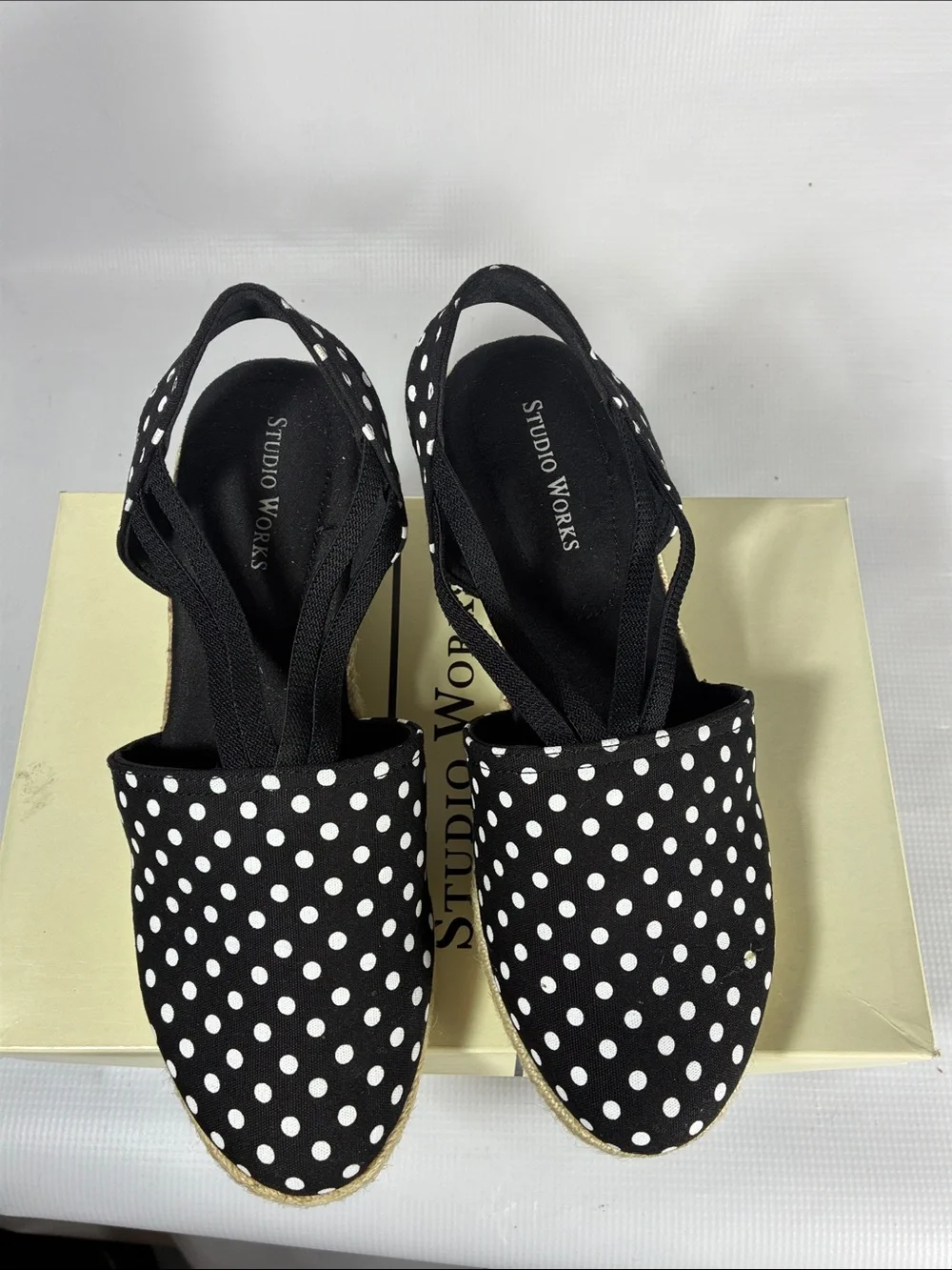 Studio Works Black and White Polka Dot Espadrille Wedge Slingbacks